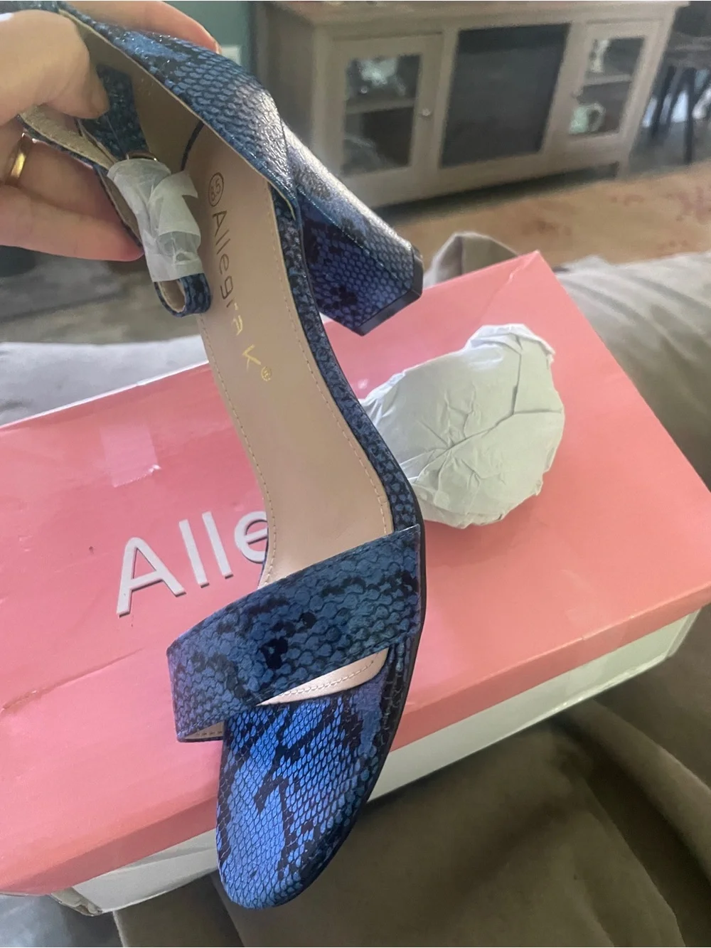 Allegra K Blue Snake-Print Ankle-Strap Block Heel Sandal